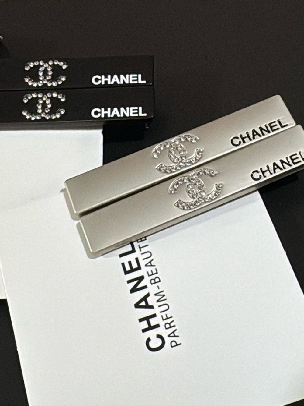CHANEL Silver and Black Logo Hair Clips - Set of 2 boxes